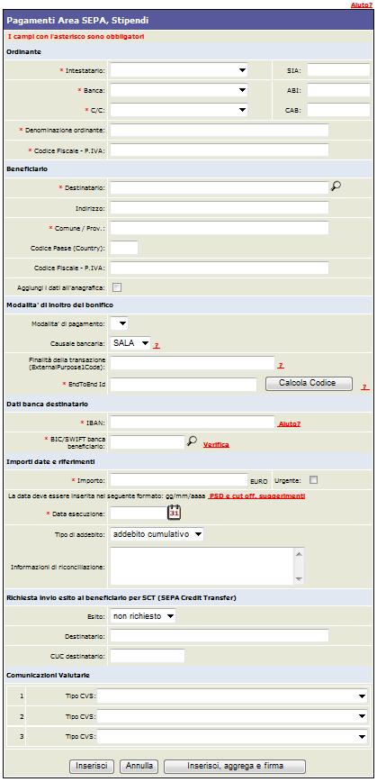 Pagina di inserimento dei dati relativi