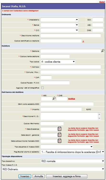 Pagina di inserimento Incassi Italia, Rid.