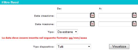 Filtro flussi. Cliccare sul link Resetta filtri, presente nella parte superiore della maschera di estrazione, per annullare il filtro precedentemente applicato.