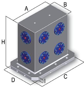 050 per ogni mandrino Art. 53D +1.050 each chuck CUBO RETTANGOLARE per cambio rapido attrezzature Tolleranza: ±0,02 con pareti spessore 3-40 mm circa.