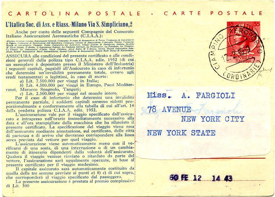 Uso per l estero 12.2.1960 dall Aeroporto di Roma Ciampino Cartolina postale Siracusana da L.