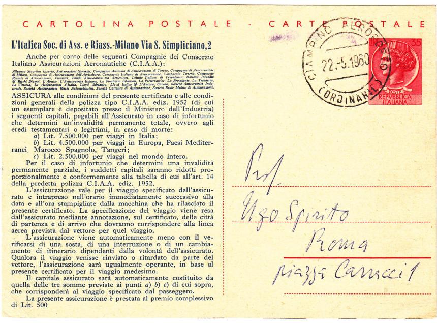 22.5.1960 dall Aeroporto di Roma Ciampino Cartolina postale da L.