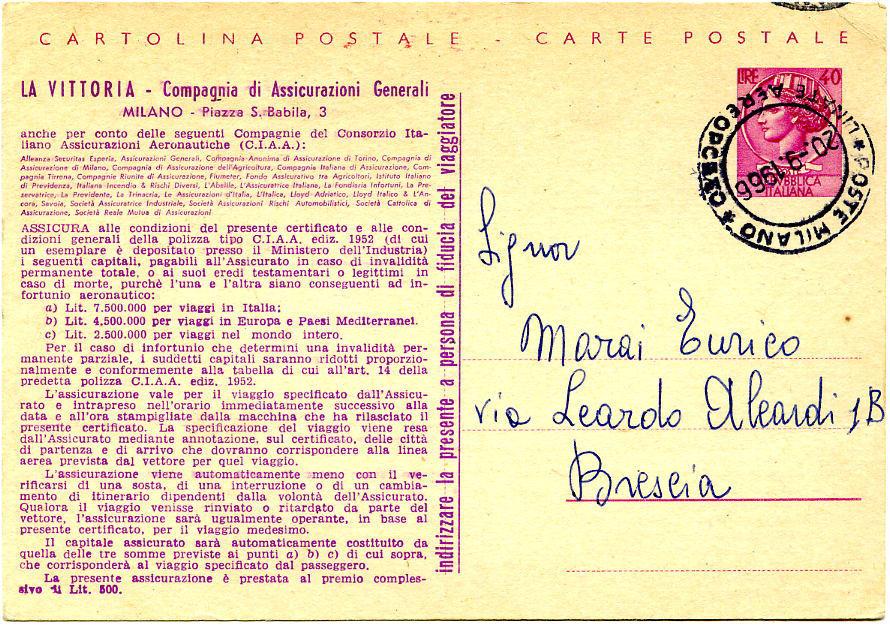 20.9.1966 dall Aeroporto di Milano Linate Cartolina postale Siracusana da L.