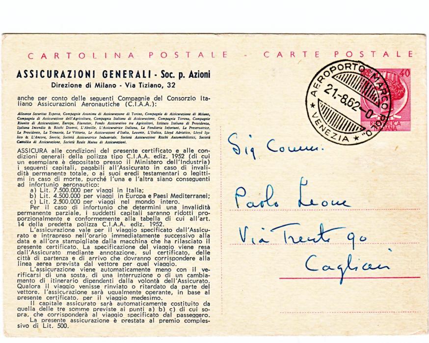 21.8.1962 dall Aeroporto Marco Polo di Venezia Cartoline postali da L.