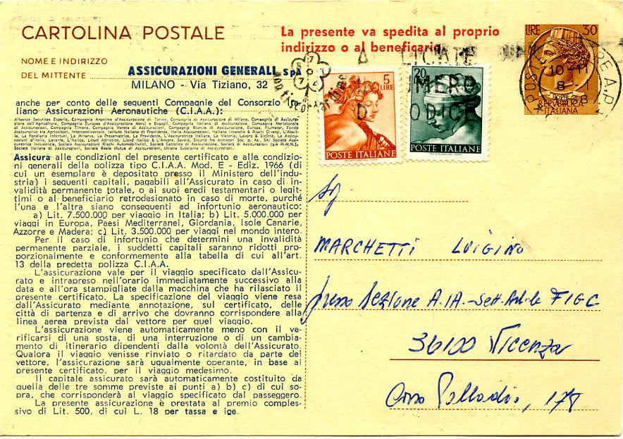 8.1.1968 dall Aeroporto di Venezia Cartoline postali Siracusana da L. 30, in tariffa estero (L.