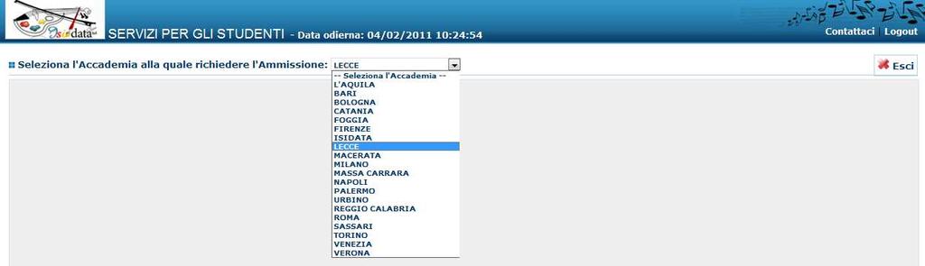 "Inserimento domanda di ammissione", selezionare dal