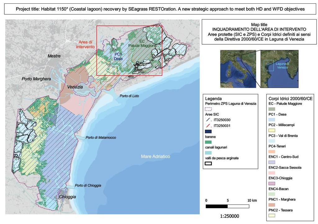 Figura 1 - Area di intervento. Nella mappa sono indicati i limiti del SIC IT3250031, all interno del quale è inclusa l area di intervento, e del SIC 3250030.