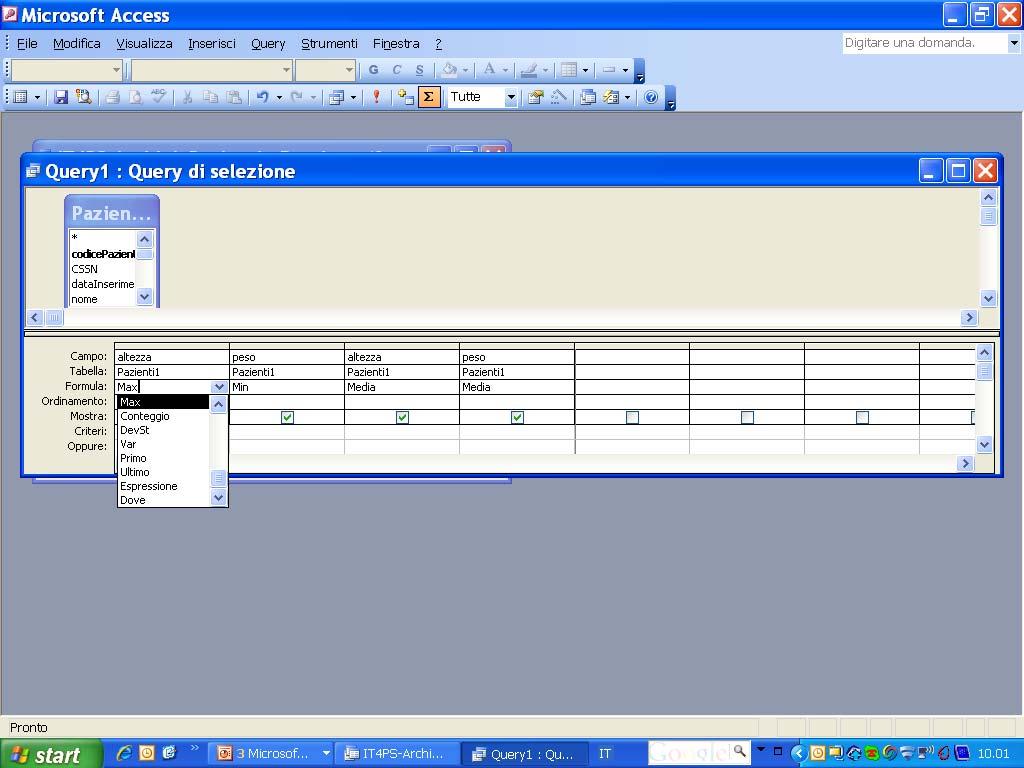 Statistiche su pazienti Scegliere nel campo formula la formula che si vuole