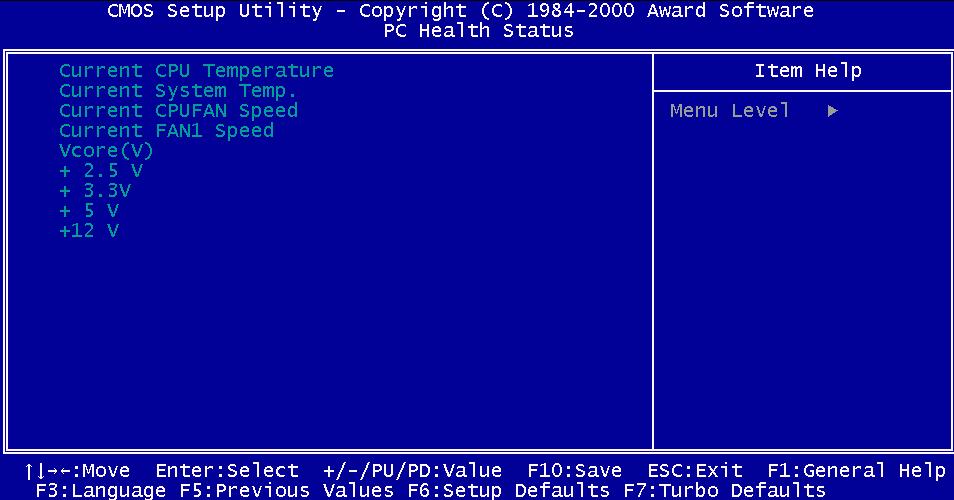 PC Health Status Grazie al chip di controllo hardware integrato nel VIA VT82C686A Super South Bridge, il BIOS rileverà automaticamente i parametri di salute del sistema come: