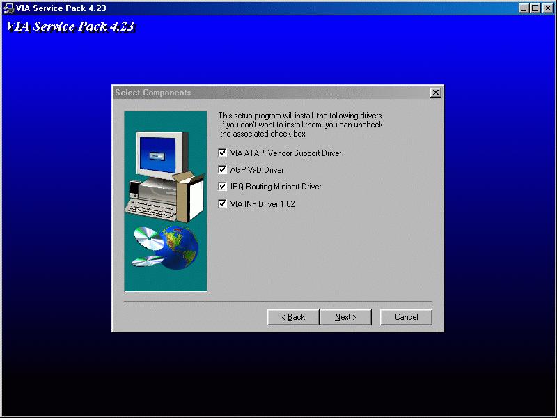 Installazione del Driver VIA 4 in 1 Voi potete installare il driver VIA 4 in 1 ( IDE Bus master, VIA AGP, IRQ Routing Driver, VIA INF) dal menu autopartente del disco Bonus Pack CD.