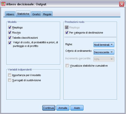 27 Creazione di Alberi decisionali Statistiche Figura 1-20 Finestra di dialogo Output, scheda Statistiche Le tabelle delle statistiche disponibili dipendono dal livello di misurazione della variabile