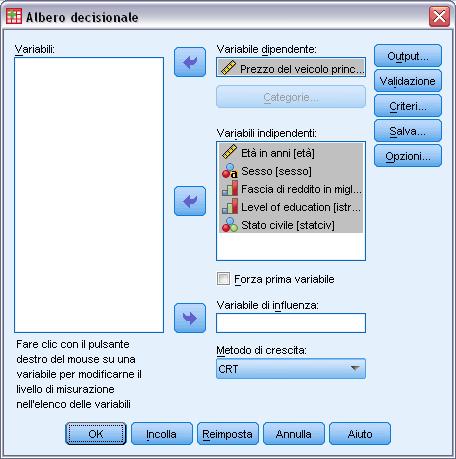 82 Capitolo 5 Figura 5-1 Finestra di dialogo Albero decisionale Selezionare Prezzo del veicolo principale come variabile dipendente.