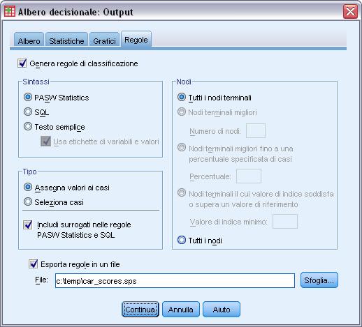 83 Creazione di un modello di credito Figura 5-2 Finestra di dialogo Output, scheda Regole Fare clic sulla scheda Regole. Selezionare Genera regole di classificazione.