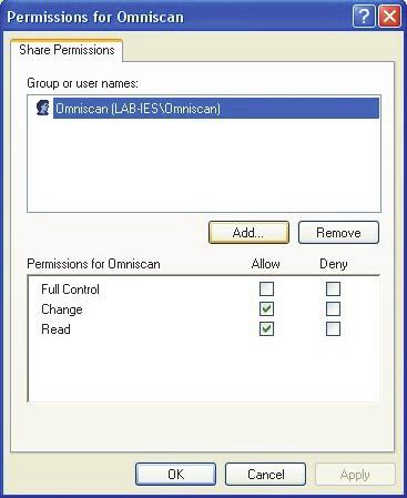 Figura 7-17 La finestra di dialogo Autorizzazioni per Omniscan con Windows XP 12.