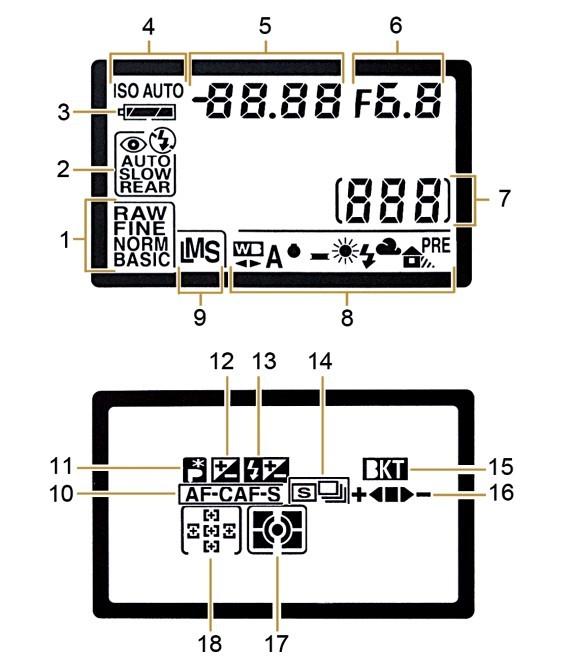 8L A REFLEX DIGITALE Ad esempio, quando si è in procinto di scattare, vengono visualizzati i dati operativi: sensibilità tempo di scatto diaframma tipo di lettura esposimetrica (manuale, a priorità,