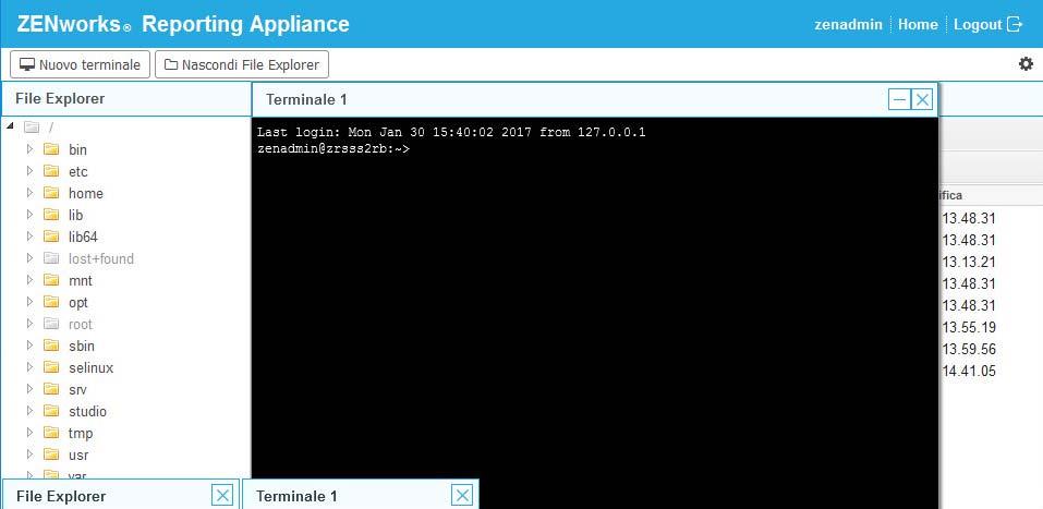 6.2 Terminale e File Explorer In questo riquadro si avvia una vista integrata per File System Explorer e Terminale. Sezione 6.2.1, Terminale, a pagina 40 Sezione 6.2.2, File Explorer, a pagina 41 6.2.1 Terminale Affinché il terminale funzioni, il servizio SSH deve essere in esecuzione.