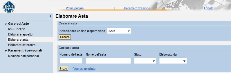 Selezione / Creazione asta Per Ricercare l asta, cliccare su Elaborare asta e poi su Inizio.