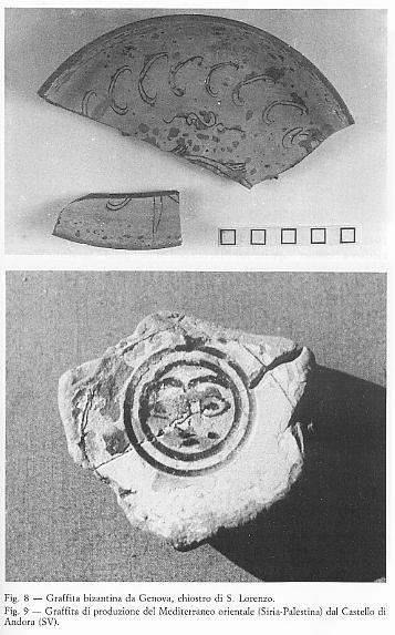 appartenenti a ceramiche graffite con decorazioni a spirali, a volute, e geometriche tipiche delle produzioni graffite bizantine (Tav. V, 57-58, Fig.7).
