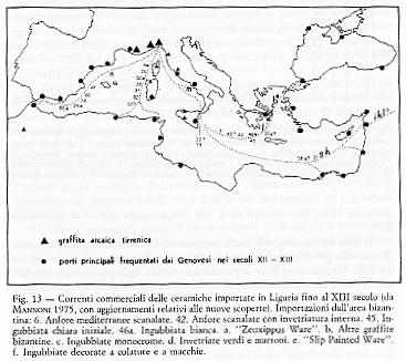 Le importazioni di ceramiche bizantine si inseriscono in quelle che sono le rotte e le correnti di traffico realizzate da Genova, Savona e le altre città marinare della Liguria (Fig. 13) [75].