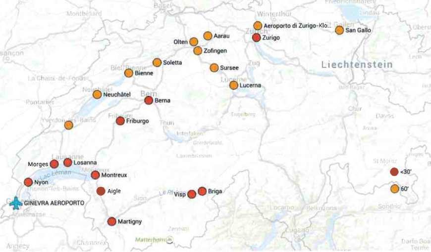 Figura 14 - Città raggiunte dai servizi a lunga percorrenza che servono l'aeroporto di Ginevra distinte per frequenza oraria (arancio) e semioraria (rosso) Fonte CERTeT Come l aeroporto di Ginevra,