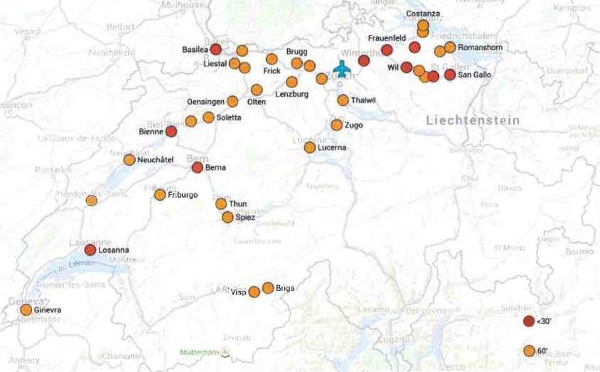 Figura 16 - Città raggiunte dai servizi a lunga percorrenza che servono l'aeroporto di Zurigo, distinte per frequenza oraria (arancio) e semioraria (rosso) Fonte CERTeT Si può quindi concludere che