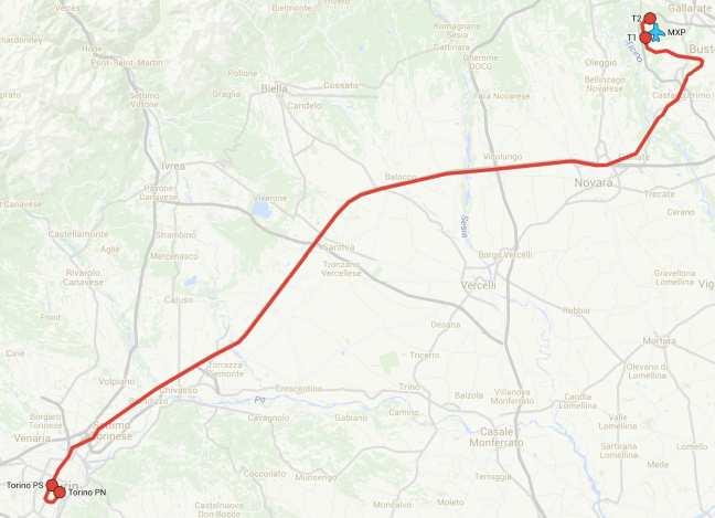 2. Un servizio Alta Velocità che, partendo da Torino, percorra la linea AV Torino- Milano e attraverso i raccordi di Figura 21 del paragrafo 5.2.2 si innesti sulla rete FN per raggiungere Malpensa.