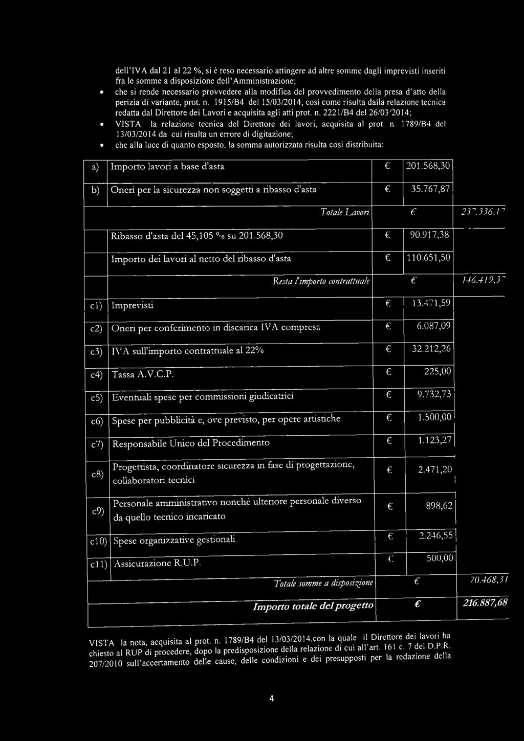 n. I789/B4 dl 13/03/2014 da cui risulta un rror di digitazion; ch alla luc di quanto sposto, la somma autorizzata risulta cosi distribuita: Importo lavori a bas d'asta 201.568,30 Total Lavori 237.