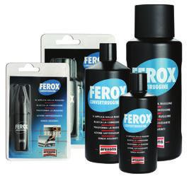 FEROX CONVERTIRUGGINE Reagisce chimicamente con la ruggine, trasformandola in un complesso stabile di colore nero, che una volta sovraverniciato resiste all'attacco degli agenti atmosferici ed è