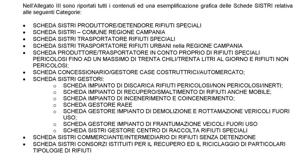 A LLEGATO III (articolo 5, comma 1) Nell'Allegato III sono riportati tutti i contenuti ed una esemplificazione grafica delle Schede SISTRI relativa alle seguenti Categorie: SCHEDA SISTRI