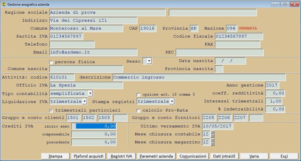 Passaggio 1: controllo anagrafica azienda Controllare, tramite la procedura: menù Archivi Anagrafica azienda che siano inseriti i dati relativi alla partiva IVA ed al codice fiscale.