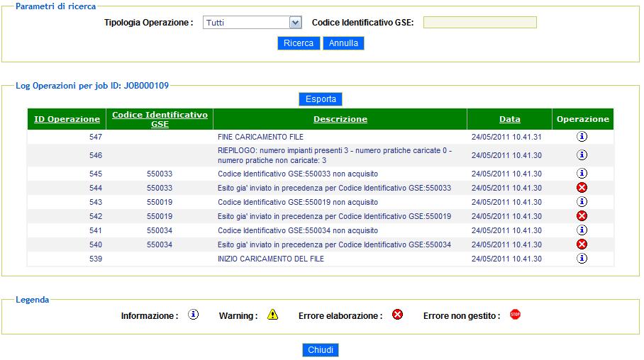 Nella griglia di dettaglio sono visualizzati l <ID> dell operazione, il <Codice Identificativo GSE>, la <Descrizione>, la <Data> espressa in giorni, ore, minuti e secondi e il tipo di <Operazione>.