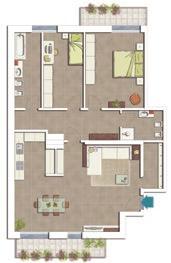 trilocale plus (da 123 mq) DESCRIZIONE > zona giorno con angolo cottura con travi a vista e con possibilità di soppalco > stanza matrimoniale > stanza singola > bagno > secondo bagno/disbrigo >