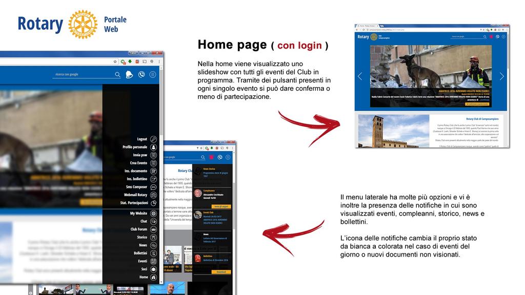 H o m e p a g e ( con login ) Nella home viene visualizzato uno slideshow con tutti gli eventi del Club in programma.