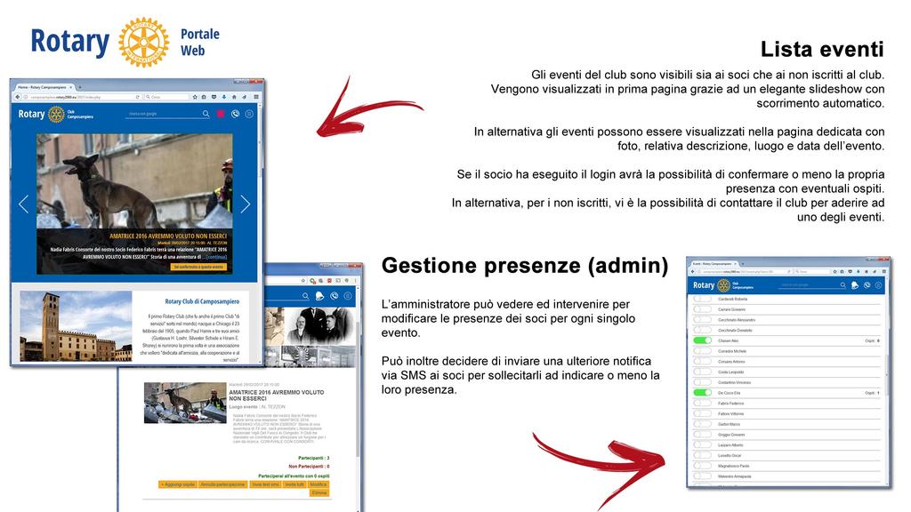 Lista eventi Gli eventi del club sono visibili sia ai soci che ai non iscritti al club. Vengono visualizzati in prima pagina grazie ad un elegante slideshow con scorrimento automatico.