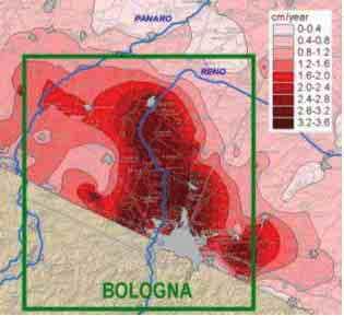 periodo di circa 25 anni, dove si evidenziano valori di abbassamento anche superiori a 3 cm/anno. Fig. 2.9 Valori della subsidenza media nella pianura bolognese nel periodo 1973-1999 elaborata su base dati Arpa (fonte: sito internet del Servizio Geologico, Sismico e dei Suoli della R.