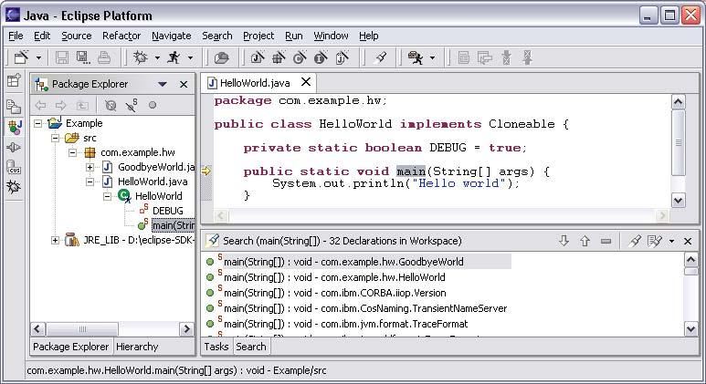 Java Perspective Ricerca di elementi Java Dichiarazioni o riferimenti Include librerie o