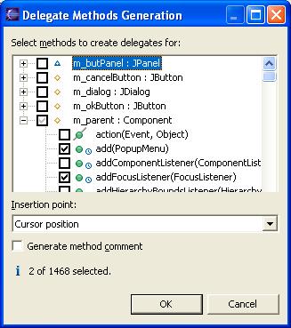 Java Editor Source Generate delegate method Si sceglie l oggetto contenuto e i metodi su cui eseguire la delega Generate getter and setter method si scelgono gli attributi per i quali