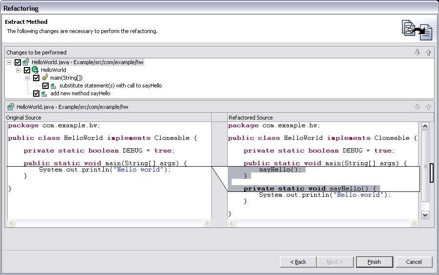 Java Editor - Refactoring Preview completo di tutti i cambiamenti di codice che seguono Il