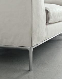 Sofa. Wooden frame with polyurethane foam upholstery and sterilized feathers mattress. Aluminum structural section frame and die-cast aluminum feet, both polished or painted.