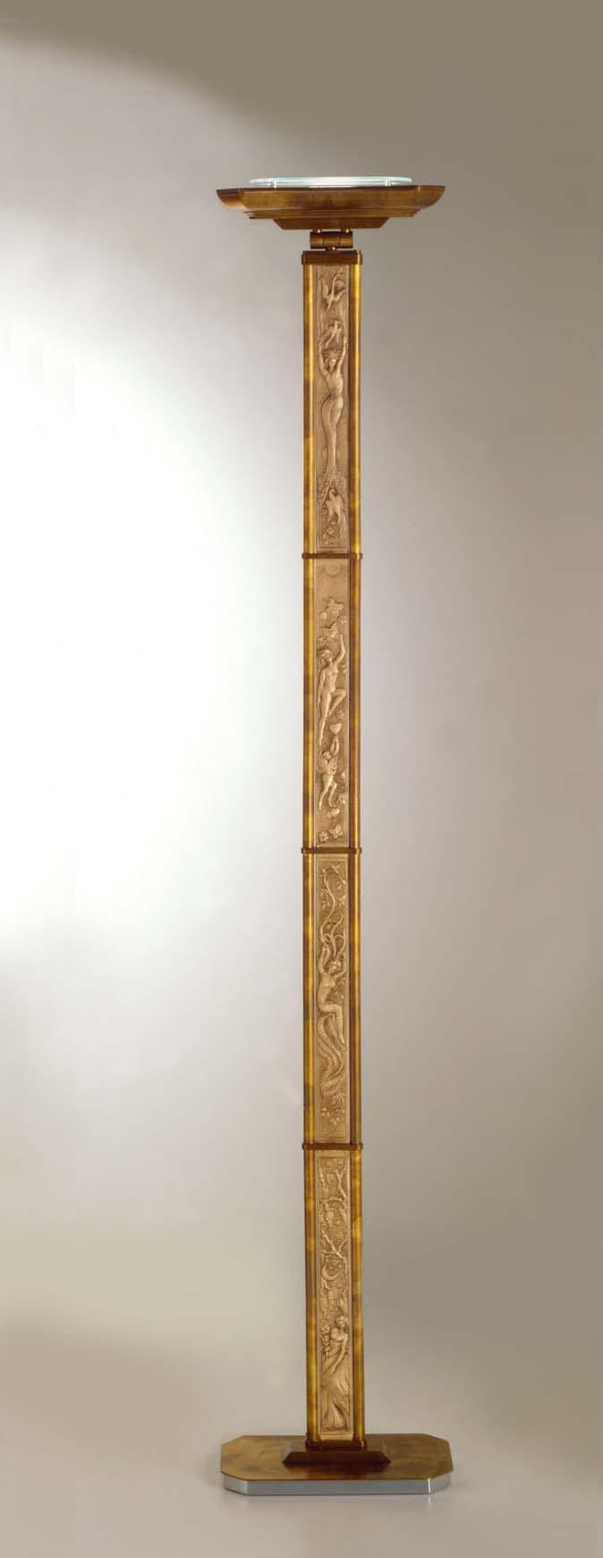 Floor lamp with basis made of fine gold plated patinated solid brass with column made of old gold coloured brass and oval frosted glass. It is equipped with dimmer.