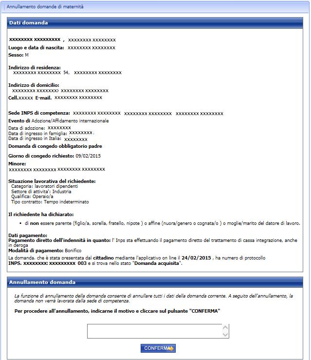 Figure 20: Dettaglio domanda da annullare Ad annullamento domanda avvenuto il sistema ripropone la stessa pagina mostrando il pulsante