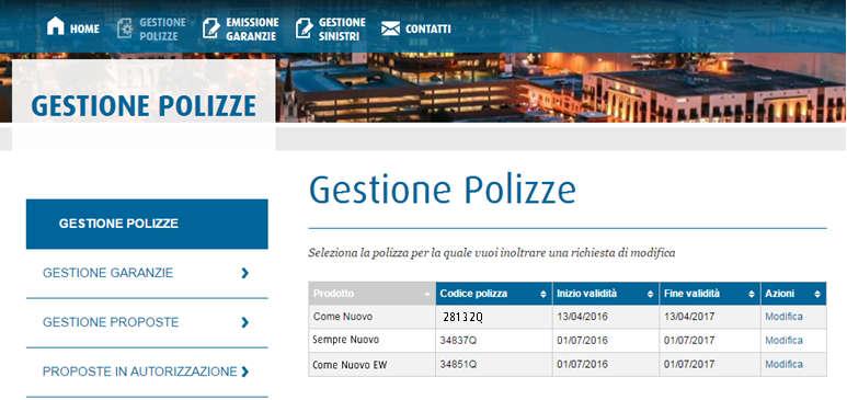 GESTIONE POLIZZE In questa sezione vengono visualizzate le polizze