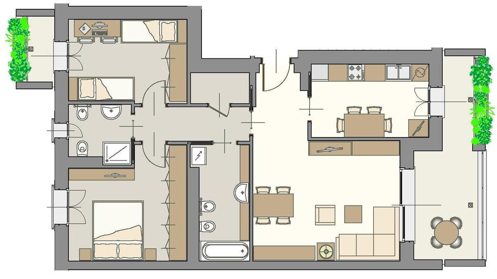 TRILOCALE CON ANGOLO COTTURA Mq. 78,00 + mq. 17,50 balconi.