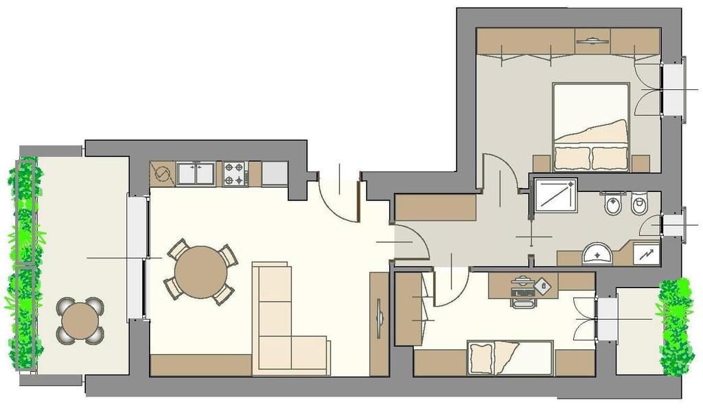 fioriere. L appartamento ha doppia esposizione verso est/ovest. TRILOCALE Mq. 102,00 + mq. 18,00 balconi.