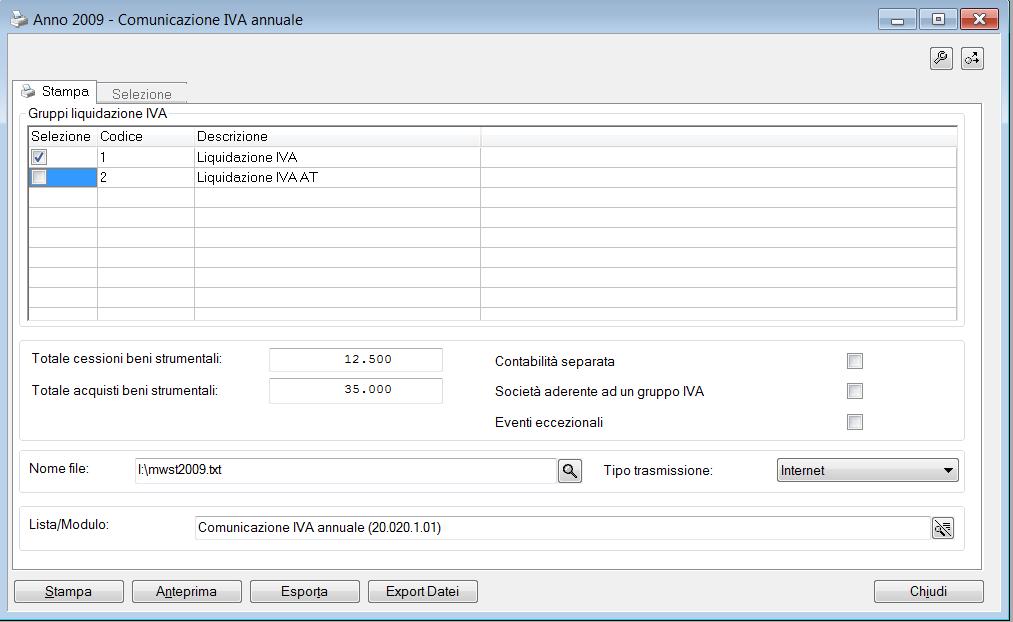 COMUNICAZIONE ANNUALE DATI IVA La comunicazione dati IVA viene calcolata automaticamente dai dati della contabilità IVA e delle liquidazioni periodiche.