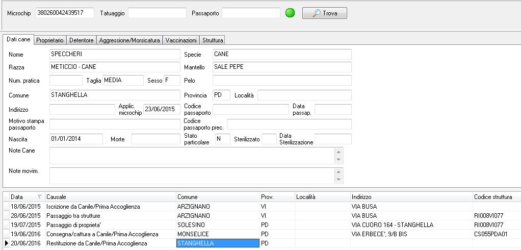 Per ricercare l animale è necessario: - inserire una chiave di ricerca tra codice del microchip, tatuaggio, numero passaporto e cliccare sul tasto Trova.