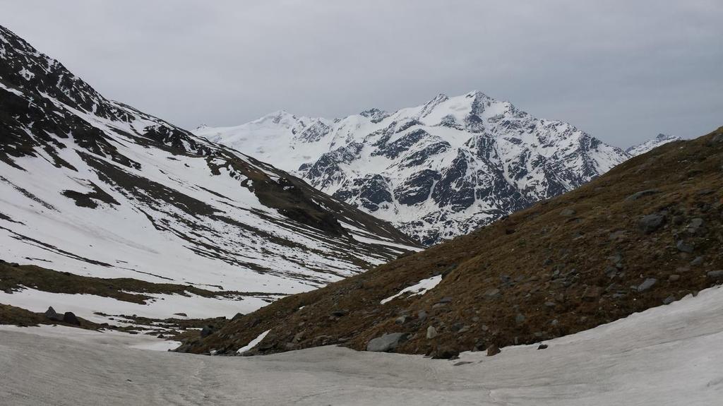 Fig. 7. Il bacino dei Forni dalla Val Cedec il 13.05, la snow line risale ben oltre i 2000 m nel cuore della primavera a causa degli scarsi apporti nevosi in Alta Valtellina. (foto D. Colombarolli).