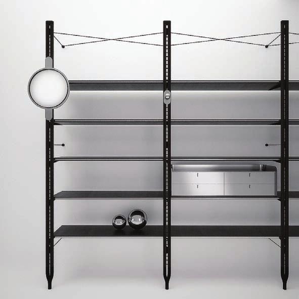 BOOKCASE SYSTEM ROCK Vani a giorno Pensile Massello di rovere spazzolato, laccato nero opaco Laccate nere opache Acciaio lucido, con e senza partizioni Rovere spazzolato, laccato nero opaco Ferro