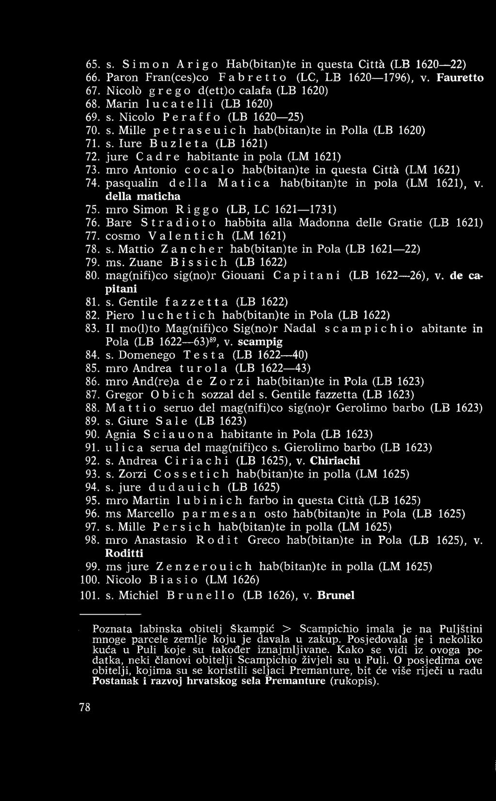 ju re C a d r e habitante in pola (LM 1621) 73. m ro Antonio cocalo hab(bitan)te in questa Città (LM 1621) 74. pasqualin della Matica hab(bitan)te in pola (LM 1621), v. della maticha 75.