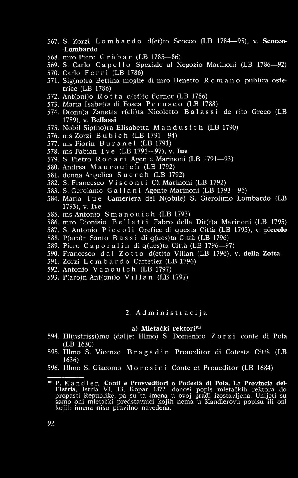 M aria Isabetta di Fosca Perusco (LB 1788) 574. D(onn)a Z anetta r(eli)ta N icoletto Baiassi de rito Greco (LB 1789), v. B ellassi 575. Nobil Sig(no)ra E lisabetta Mandusich (LB 1790) 576.